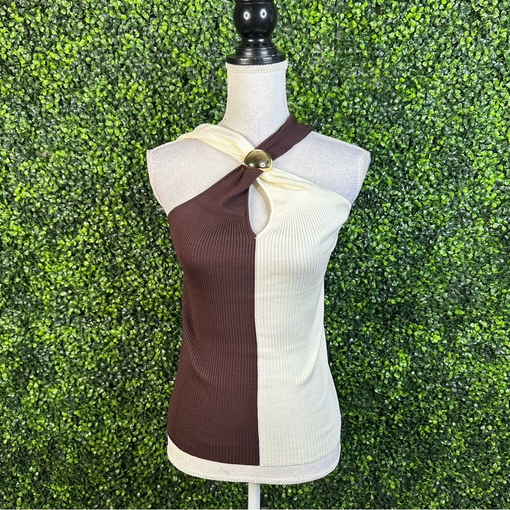 Boutique nwt color block Brown and Cream Women's ribbed Top